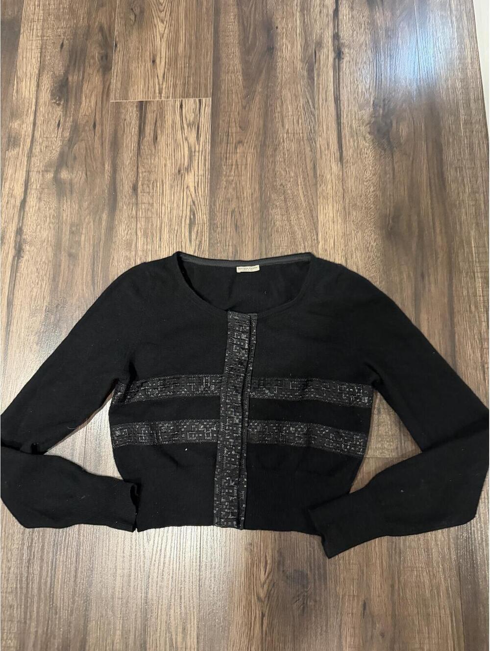 Vintage Bottega Veneta 100% Cashmere Black Cardigan with Woven Trim 42 US 6 S